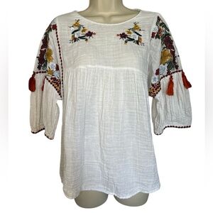 For The Republic White Blouse with Floral Embroidery
